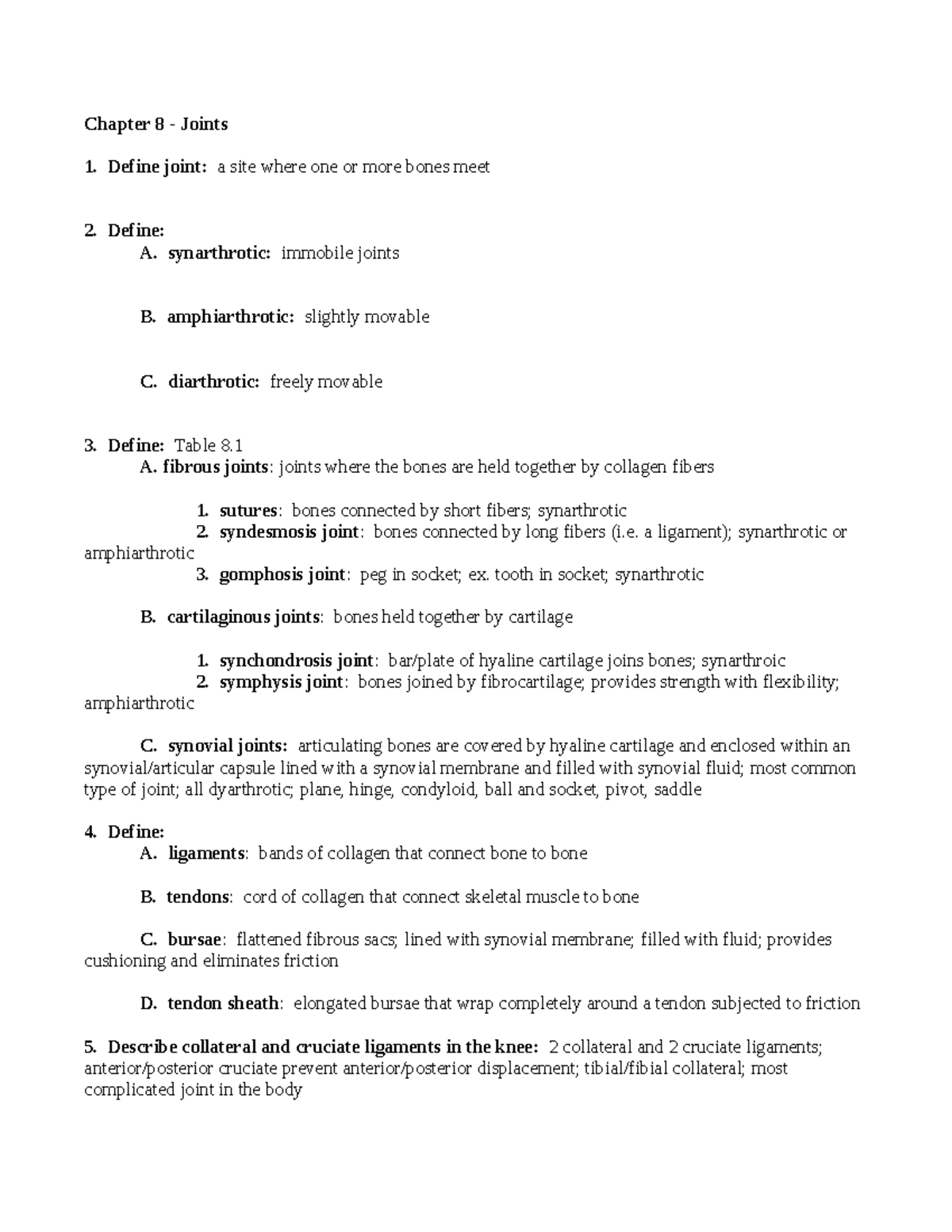 AP Ch. 8 Notes - Chapter 8 - Joints Define Joint: A Site Where One Or ...