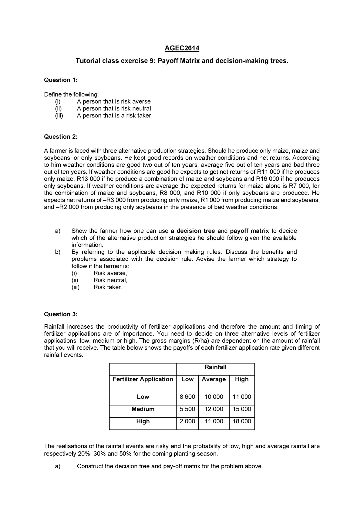 AGEC2614 Tutorial Class Exercise 9 - AGEC Tutorial class exercise 9 ...