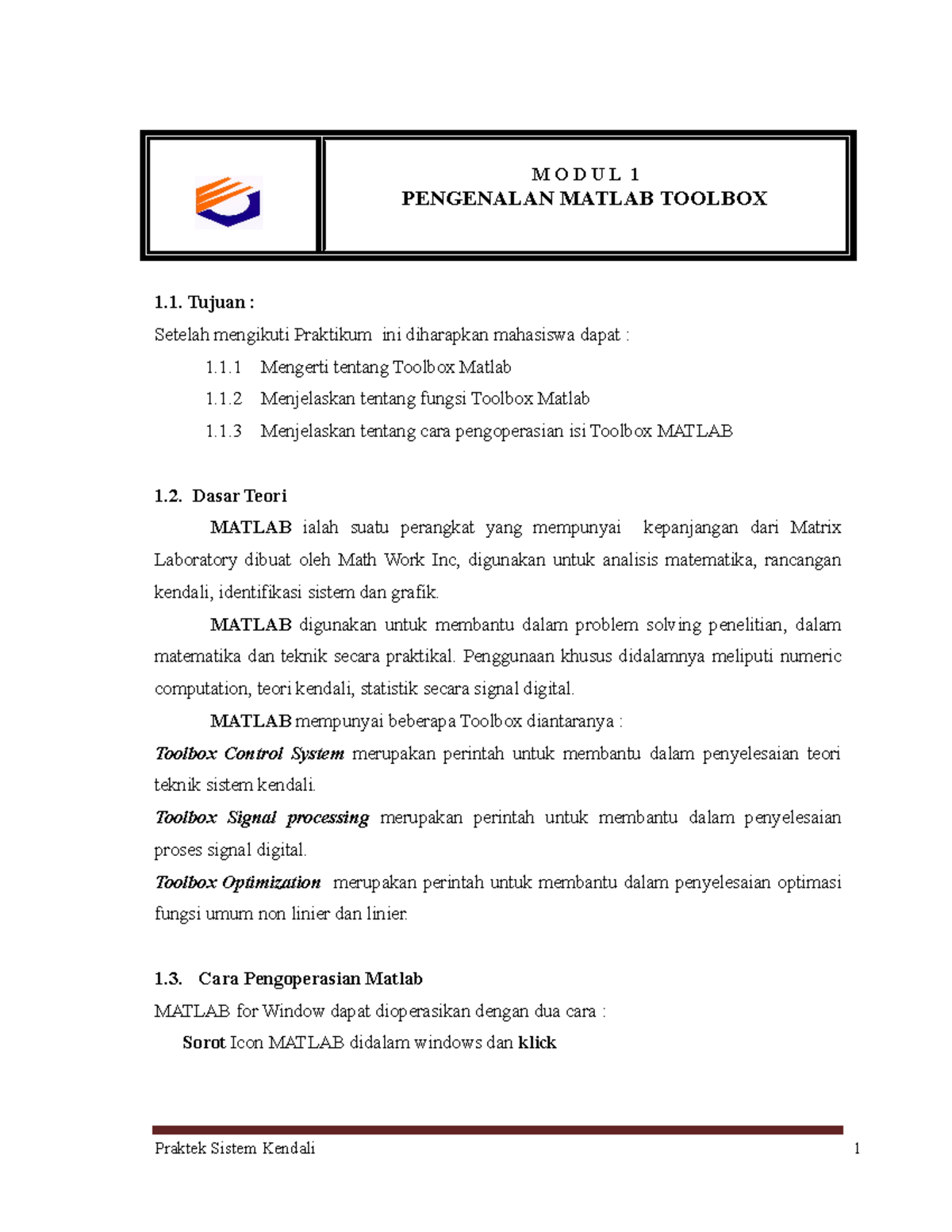 Modul Matlab M O D U L 1 Pengenalan Matlab Toolbox 1 Tujuan