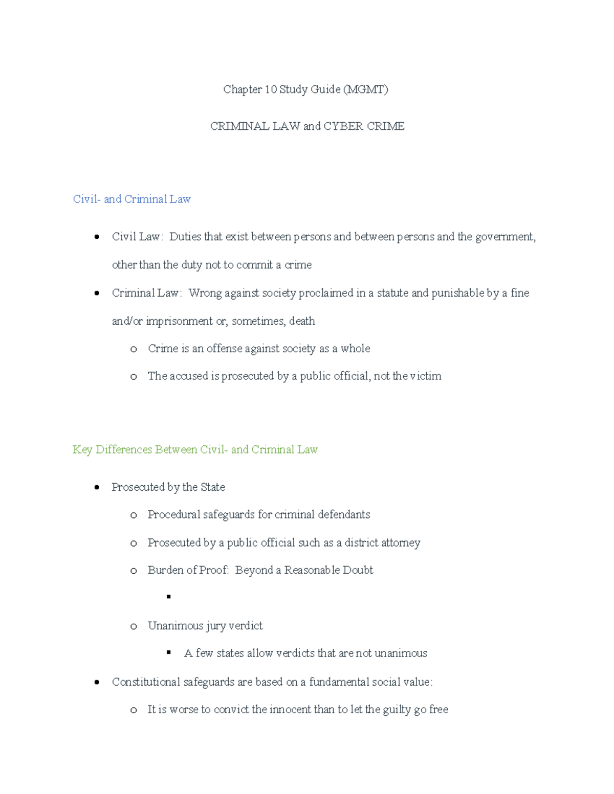 Chapter 10 Study Guide - Chapter 10 Study Guide (MGMT) CRIMINAL LAW and ...