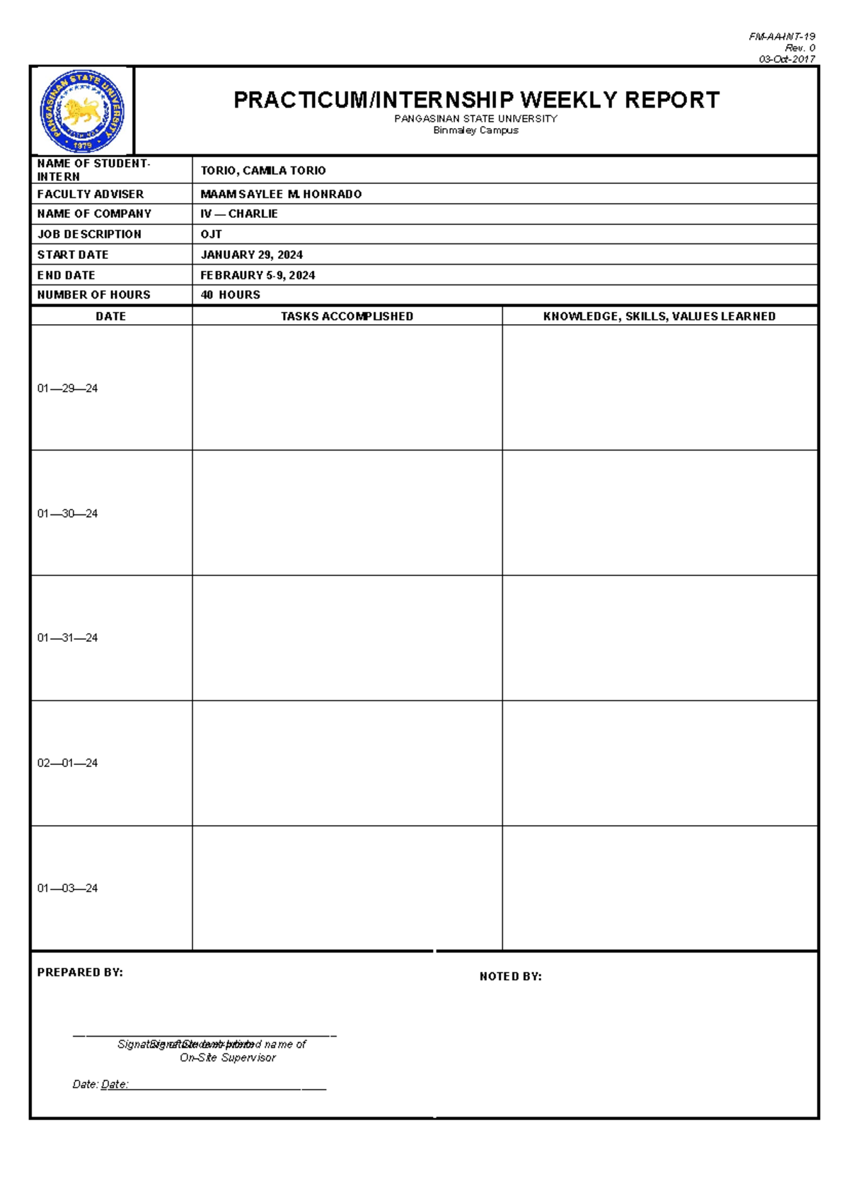 Camila-old - FM-AA-INT- Rev. 0 03-Oct- PRACTICUM/INTERNSHIP WEEKLY ...