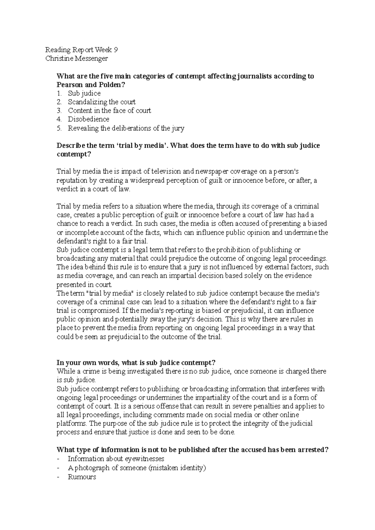 RR Week 9 - Reading Report Week 9 Christine Messenger What are the five ...