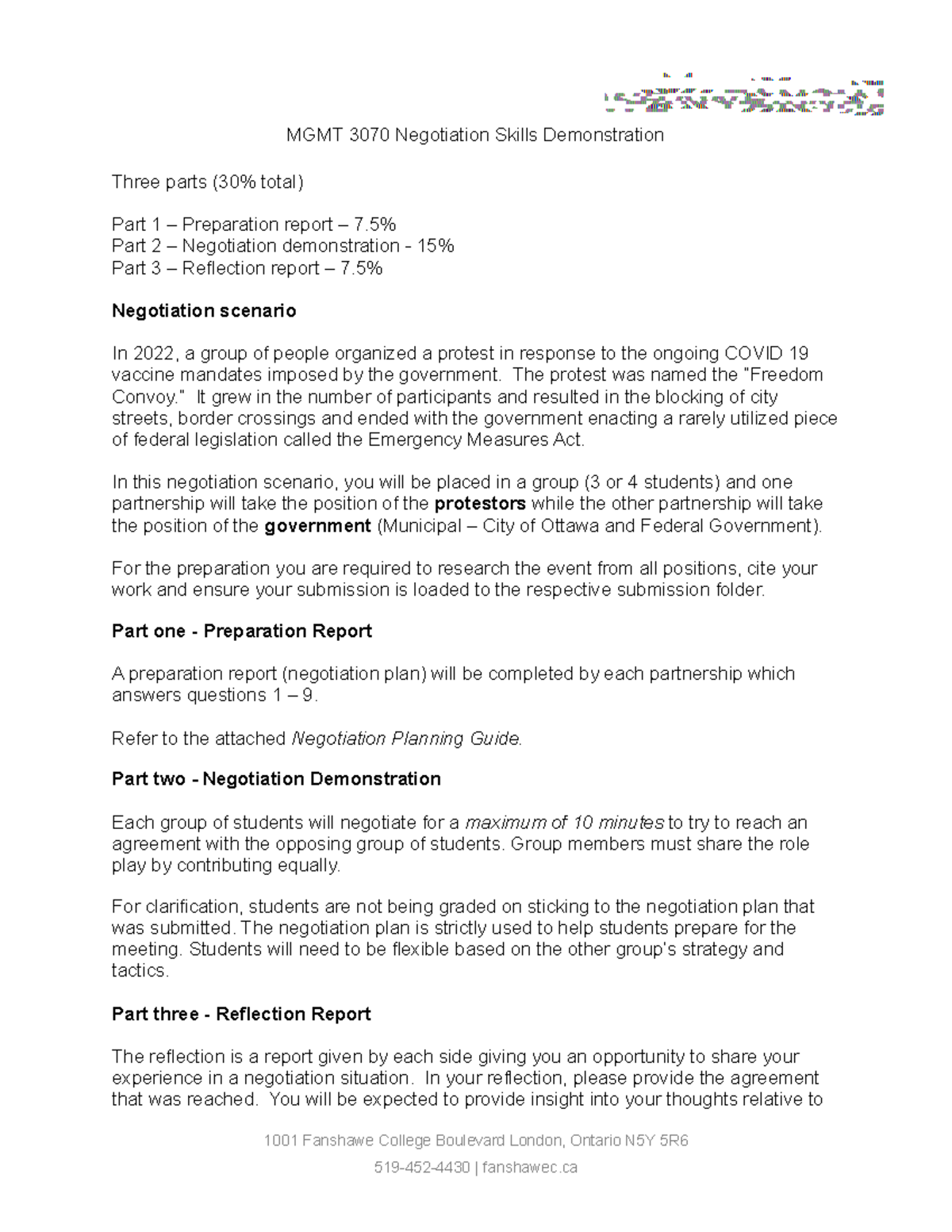 Negotiation Demonstration Assignment - MGMT 3070 Negotiation Skills ...