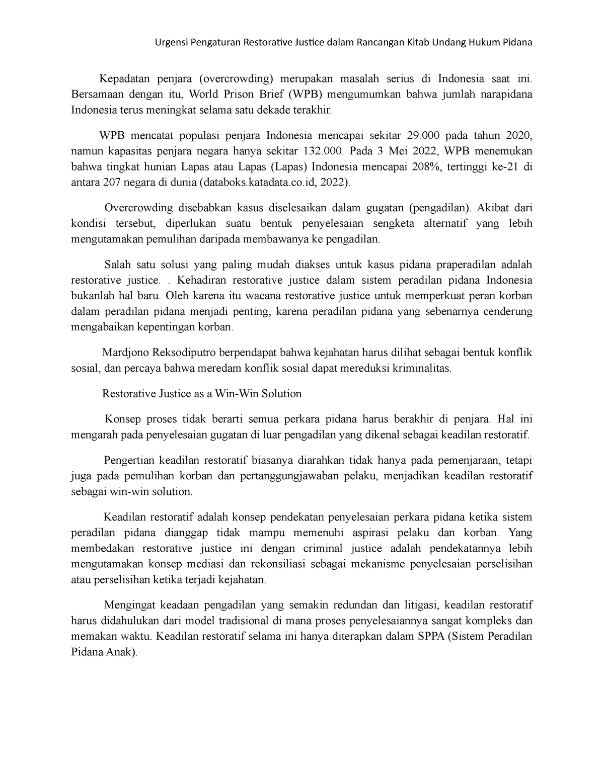 Urgensi Pengaturan Restorative Justice Dalam Rancangan Kitab Undang ...