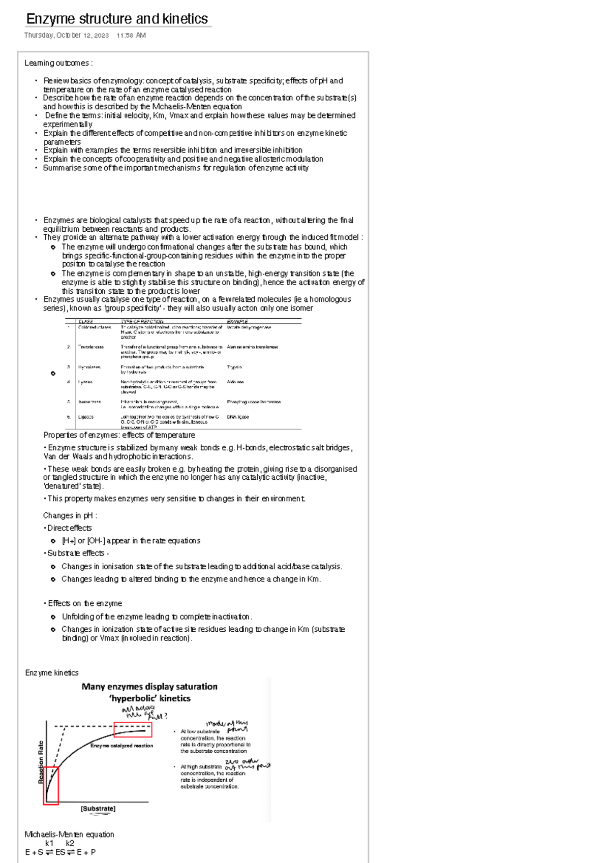 Enzyme Kinetics Summary Enzyme Kinetics Summary