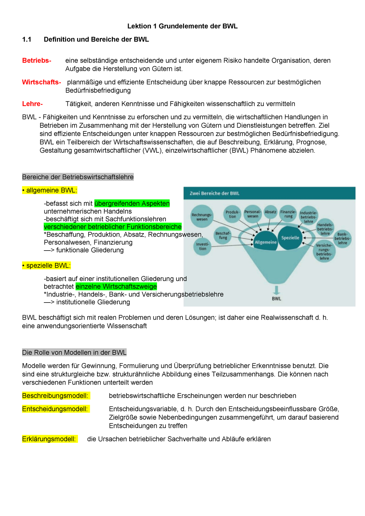 Zusammenfassung I - Lektion 1 Grundelemente Der BWL 1 Definition Und ...