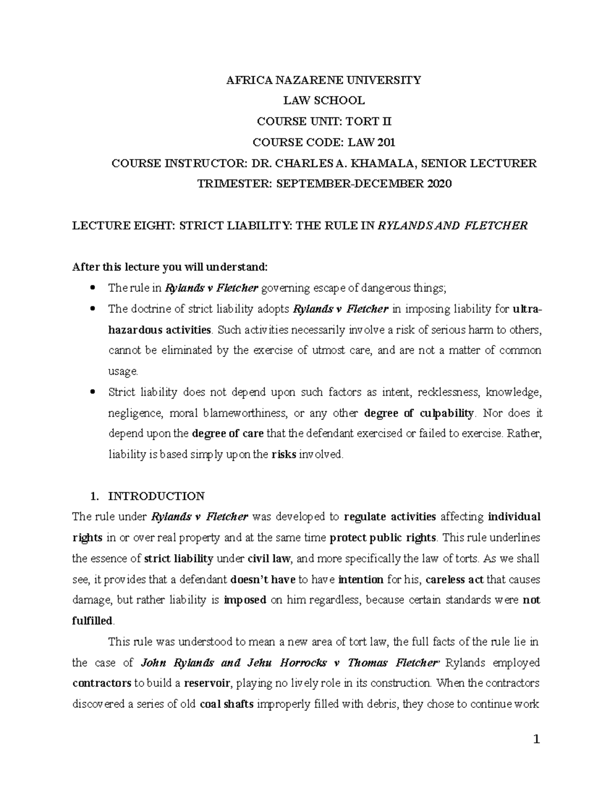 TORT II Classnotes Lecture 8 RULE IN Rylands V Fletcher - AFRICA ...