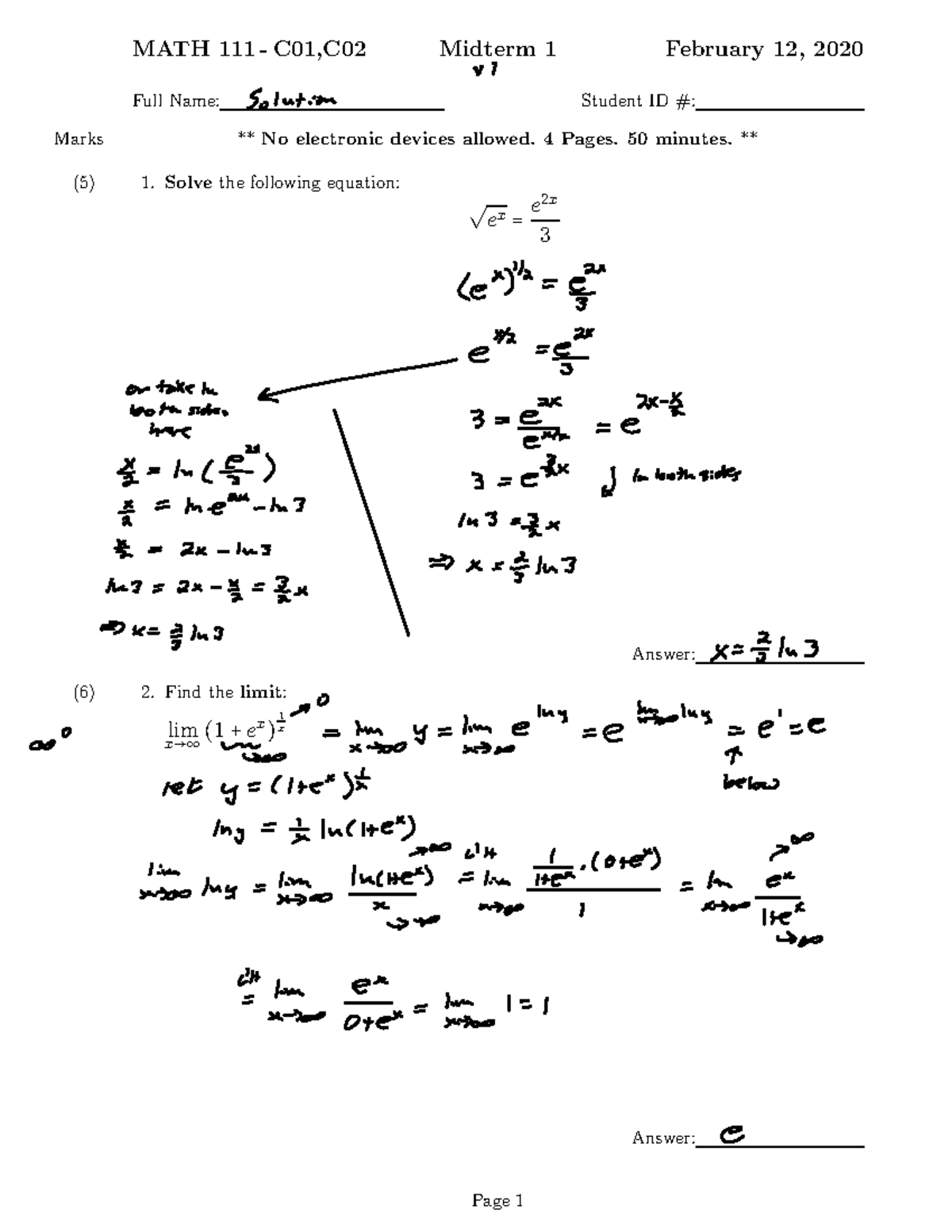 Midterm January 2020, Answers - MATH 111 - C01,C02 Midterm 1 February ...