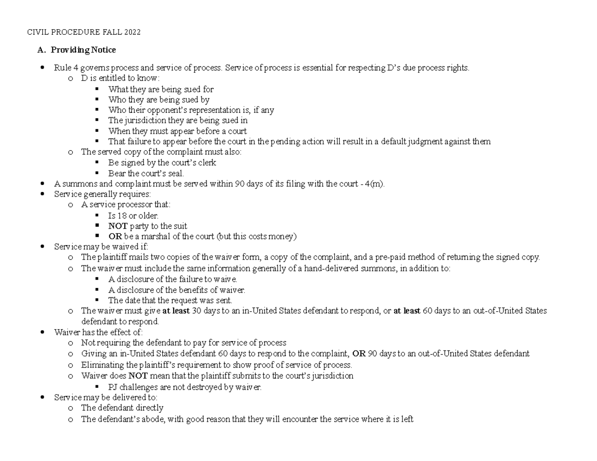 Civil Procedure CIVIL PROCEDURE FALL 2022 A. Providing Notice Rule 4