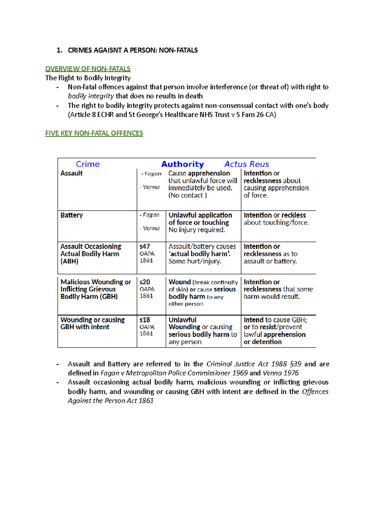MCQ Notes - 1. CRIMES AGAISNT A PERSON: NON-FATALS OVERVIEW OF NON ...