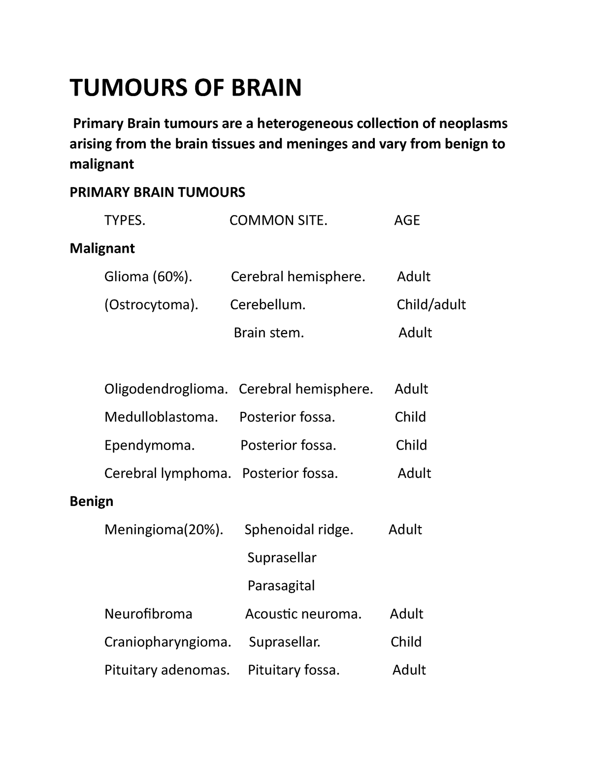 Tumours Of Brain Note - TUMOURS OF BRAIN Primary Brain Tumours Are A ...