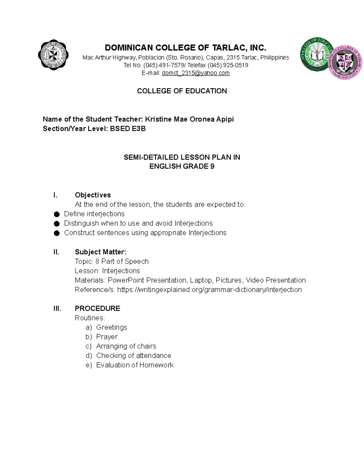 Allied Lesson Plan Apipi+K - DOMINICAN COLLEGE OF TARLAC, INC. Mac ...