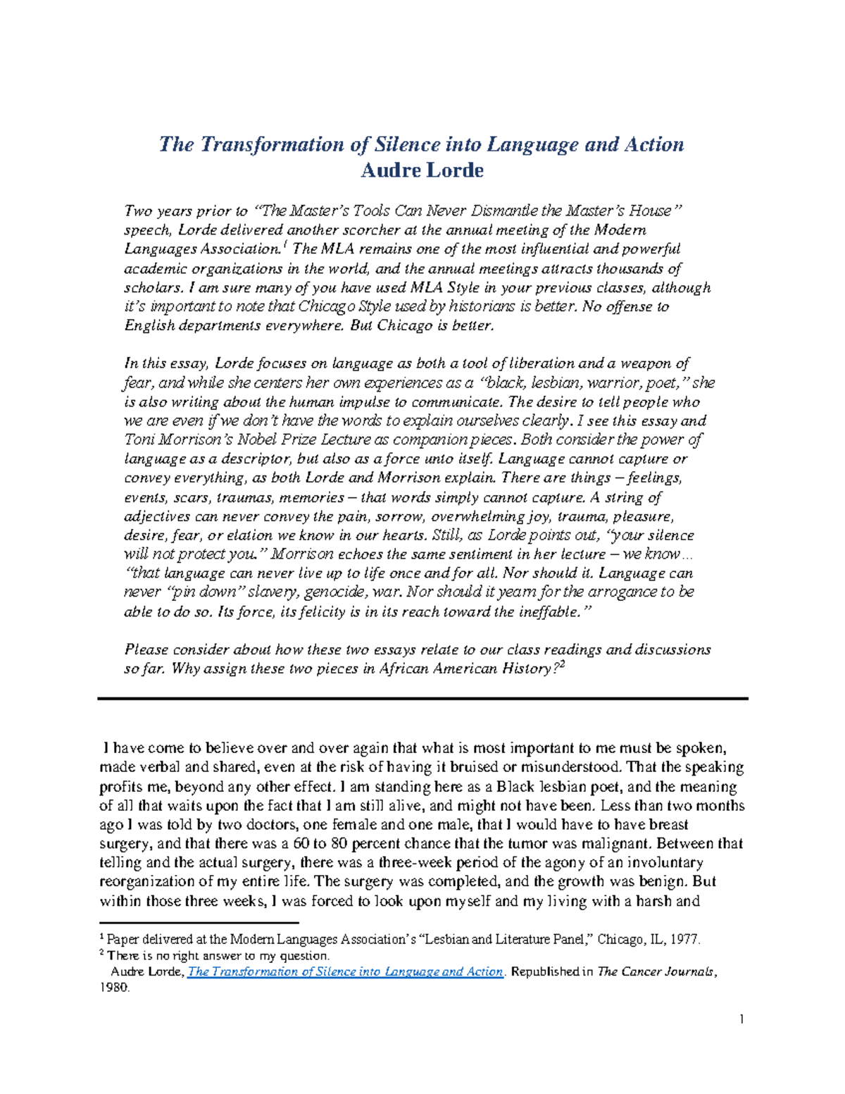 The Transformation Of Silence Into Language And Action Summary Audre Lorde, The Transformation of Silence into Language and Action