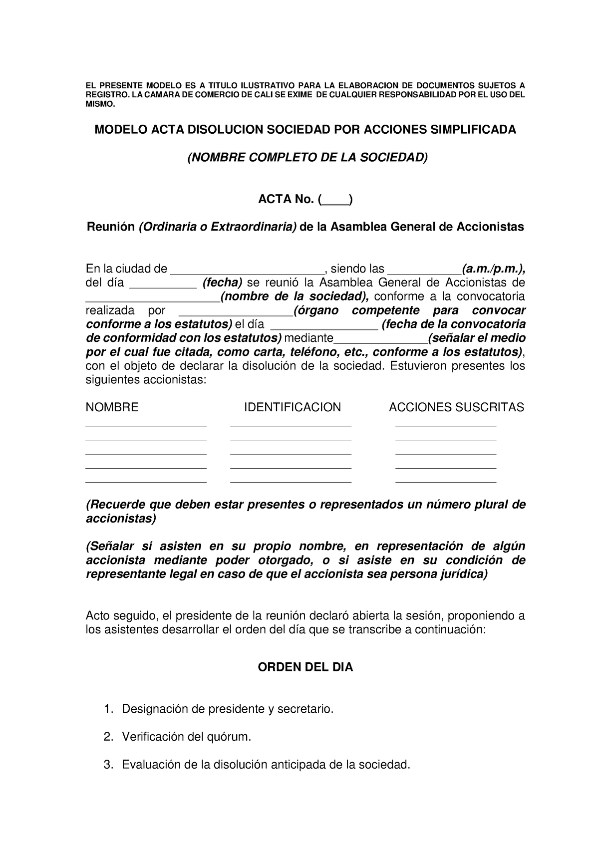 Disolucion SAS - Formato Disolución De Una SAS - EL PRESENTE MODELO ES ...