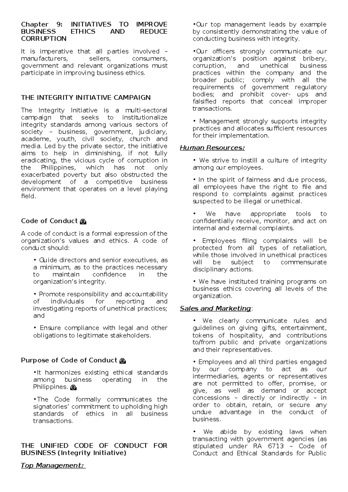 Chapter 9 GOVBUSMAN - Chapter 9: INITIATIVES TO IMPROVE BUSINESS ETHICS ...