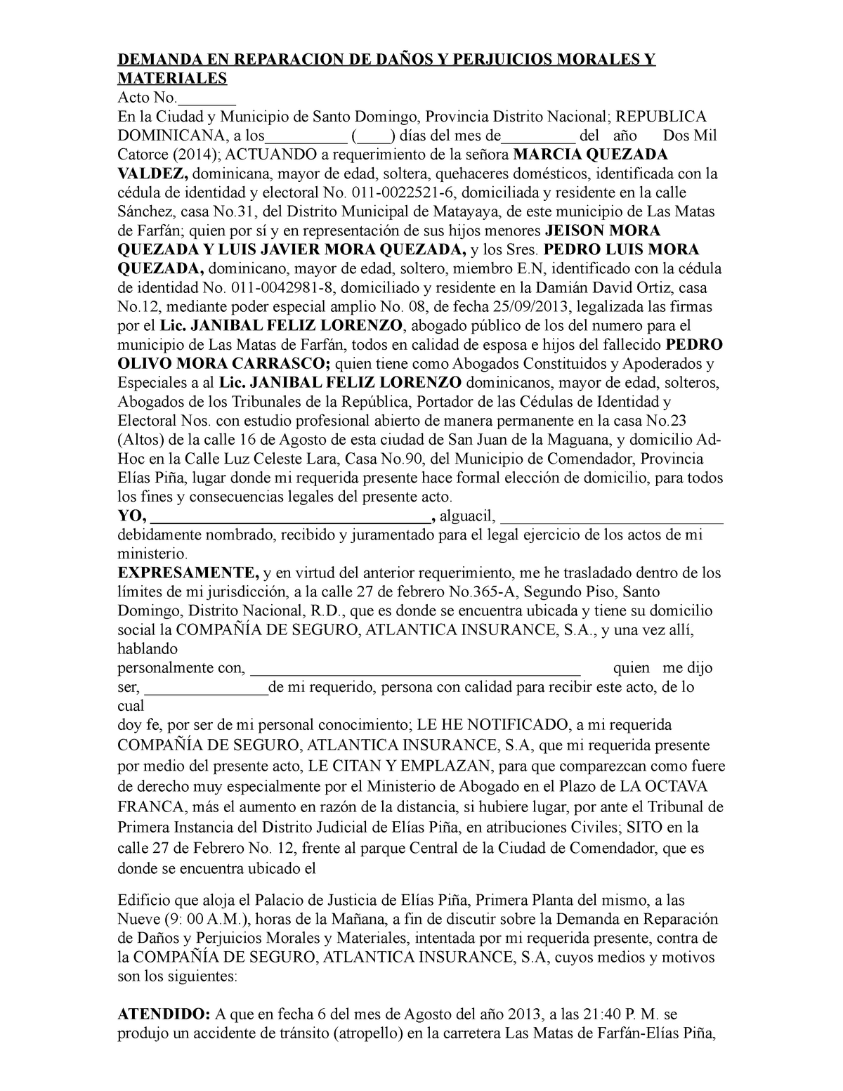 Demanda En Reparacion De Daños Y Perjuicios Morales Y Demanda En Reparacion De DaÑos Y 3235