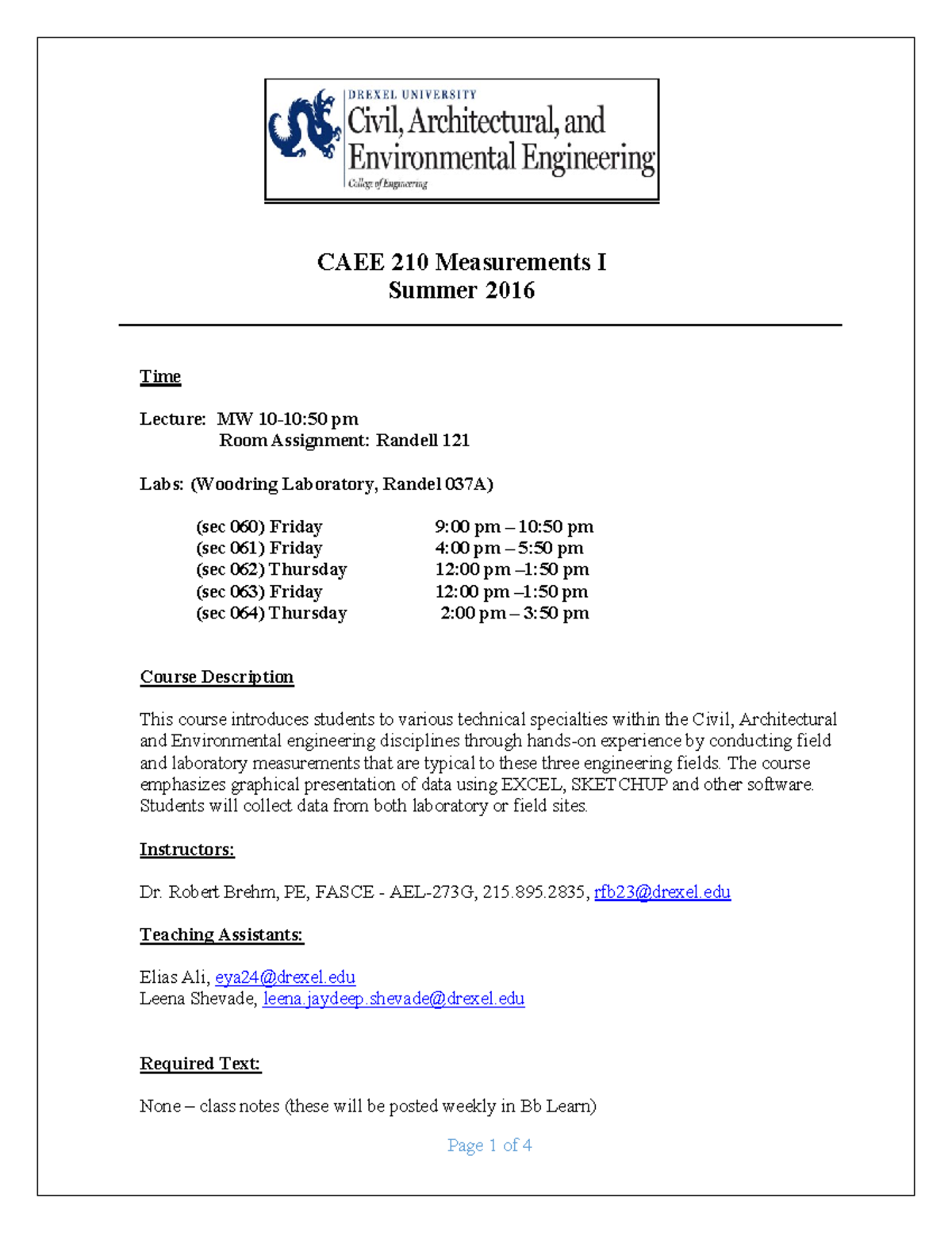 CAEE-210 - Course Syllabus - &$(( 0HDVXUHPHQWV , 6XPPHU 7LPH /HFWXUH 0 ...