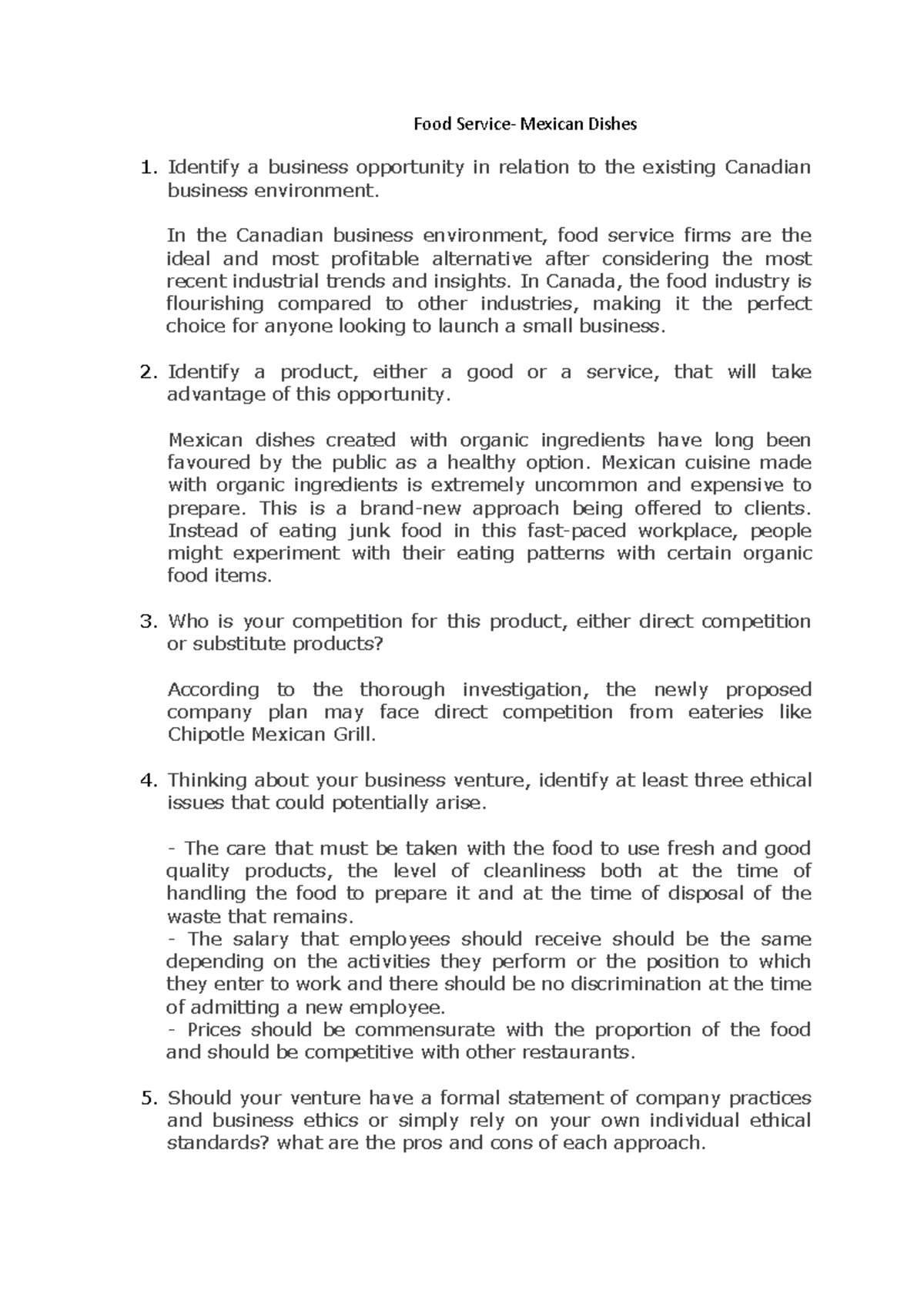 Report Form Part A - very useful - Food Service- Mexican Dishes ...