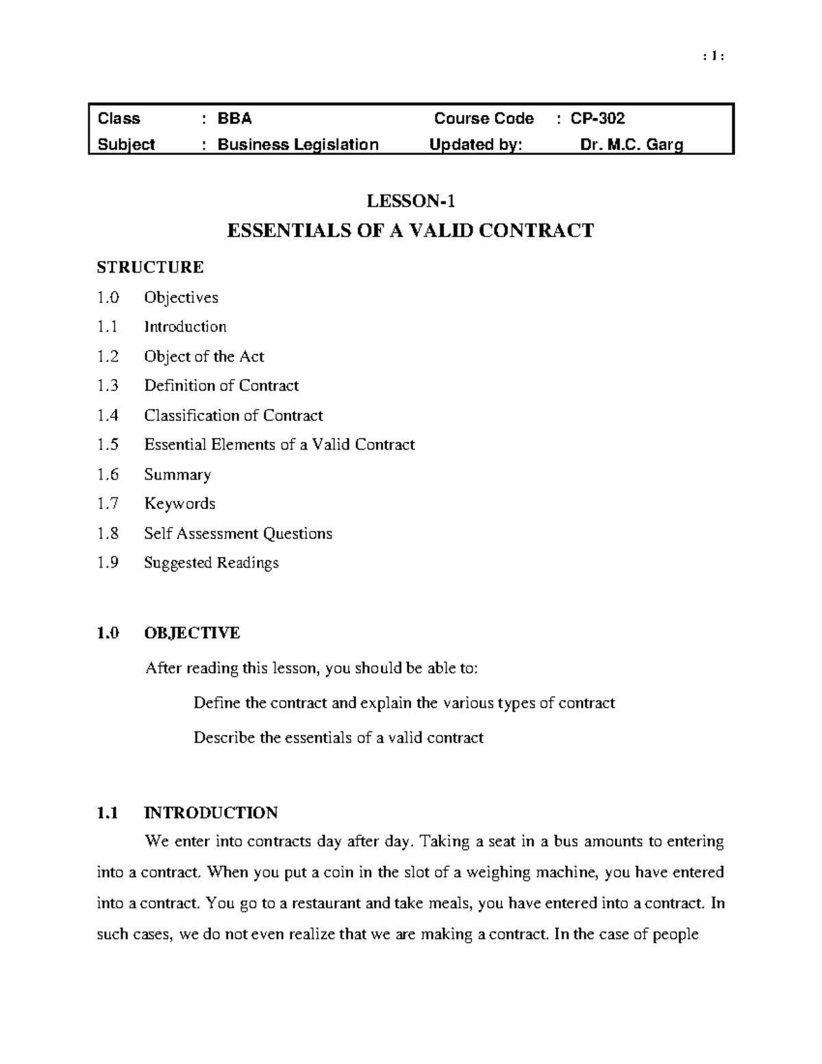 Types and essiantial contract - Class : BBA Course Code : CP- Subject ...