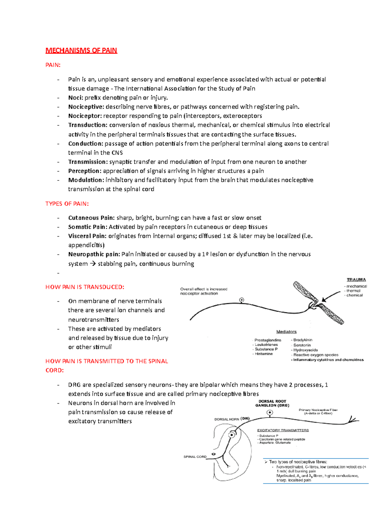 Central Mechanisms Of PAIN - MECHANISMS OF PAIN PAIN: Pain is an ...