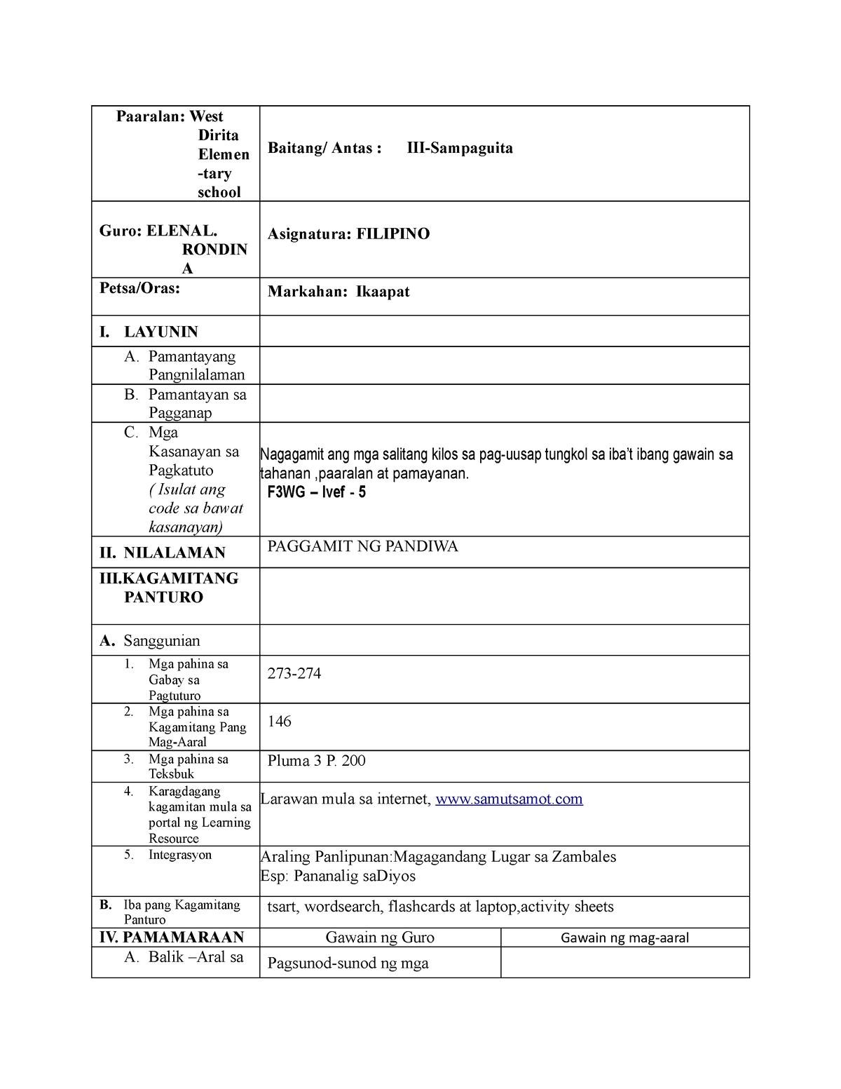 Semi Detailed Lesson Plan In Filipino 3 Paaralan West Dirita Elemen Tary School Baitang 0528