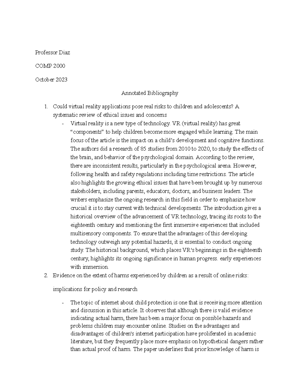 Annotated Bibliography -2 - Professor Diaz COMP 2000 October 2023 ...