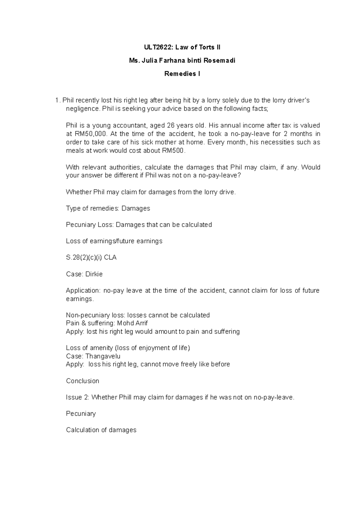 Tutorial 9（Damages） - ULT2622: Law of Torts II Ms. Julia Farhana binti ...