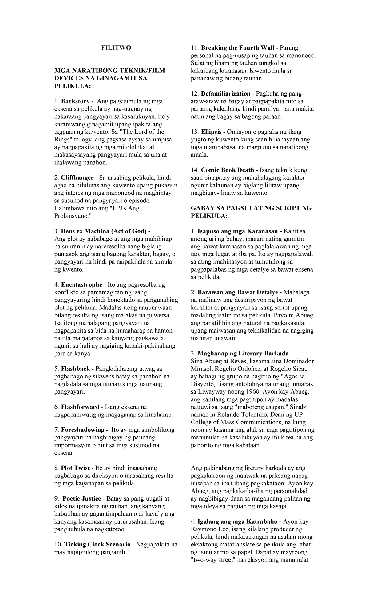 Filitwo - Summary Filipino - FILITWO MGA NARATIBONG TEKNIK/FILM DEVICES ...
