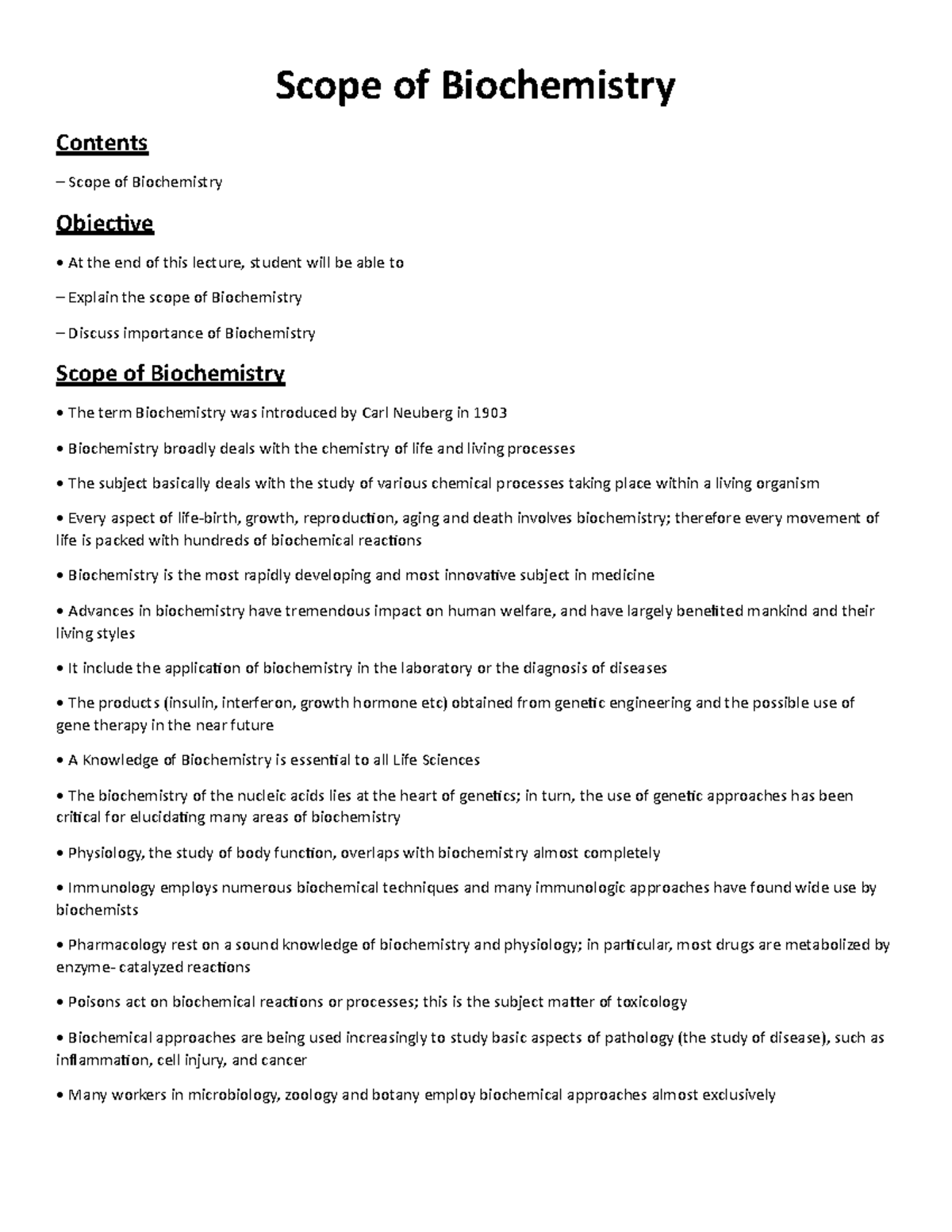 Sem 01 Pharmacy Scope of Biochemistry Contents Scope of Biochemistry