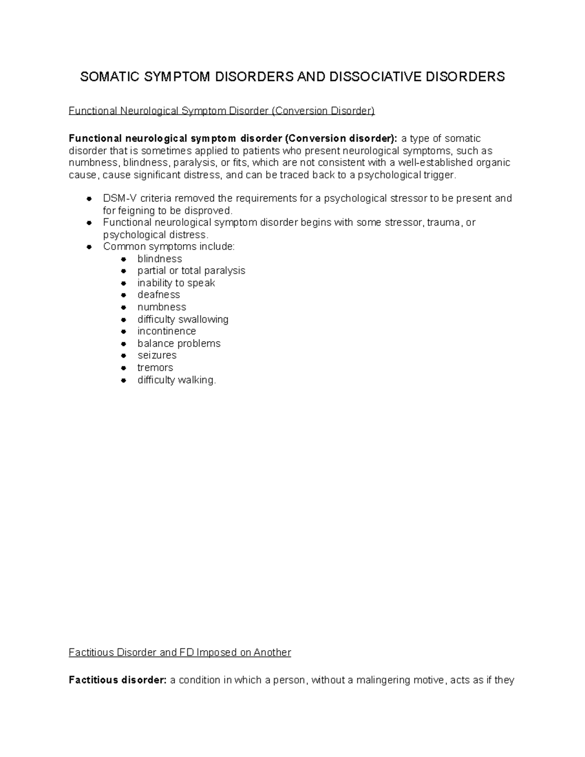 PSY 215 Somatic Symptom Disorders and Dissociative Disorders Notes Part ...