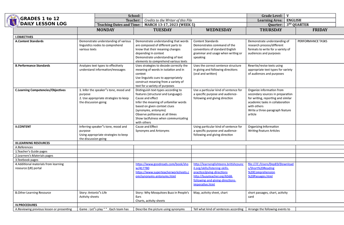 Dll English 5 Q3 W5 Daily Lesson Log Grades 1 To 12 Daily Lesson Log School Grade Level V 9201