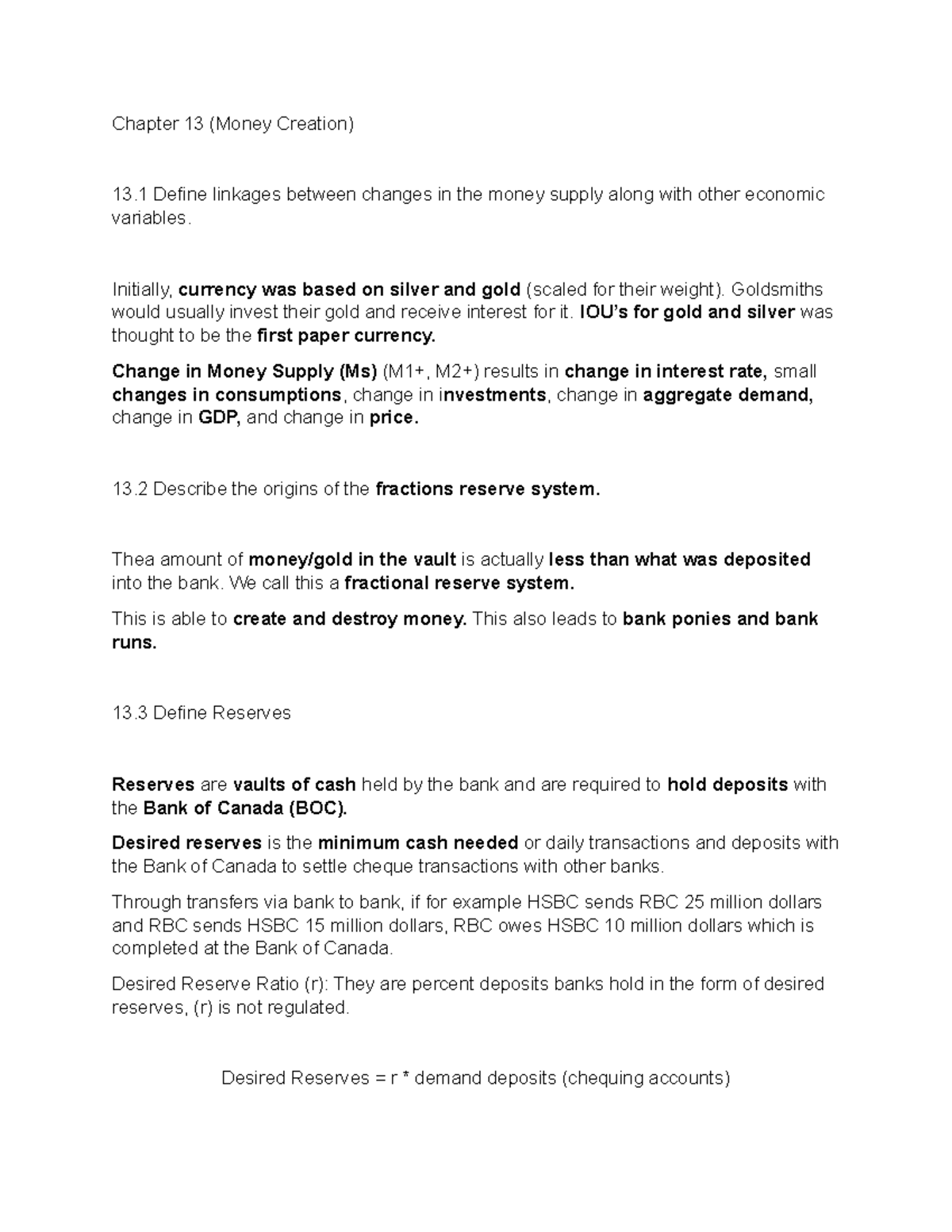 Chapter 13 - Notes - Chapter 13 (Money Creation) 13 Define linkages ...