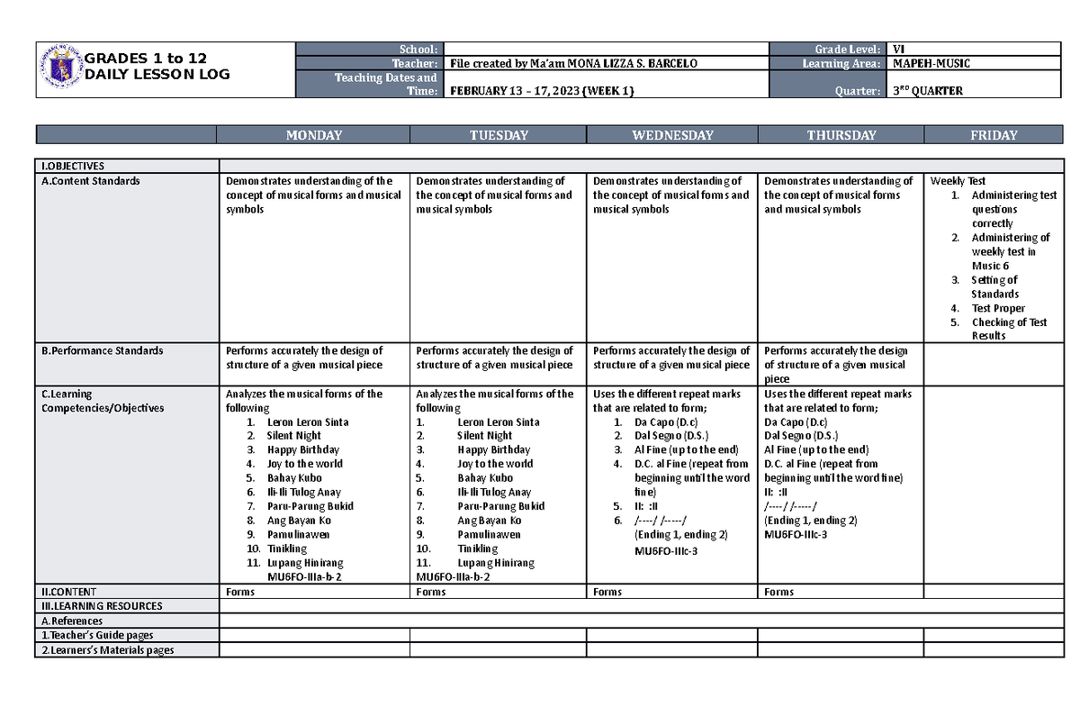 DLL Mapeh- Music 6 Q3 W1 - GRADES 1 to 12 DAILY LESSON LOG School ...