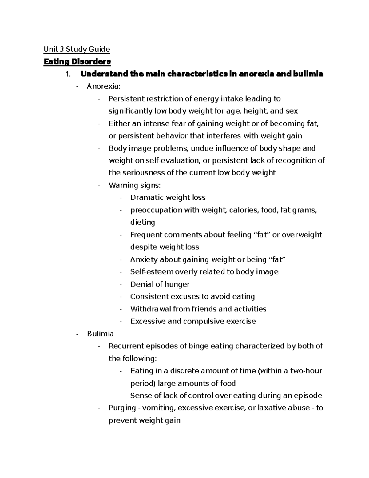 Unit 3 Study Guide nutrition Unit 3 Study Guide Eating Disorders 1