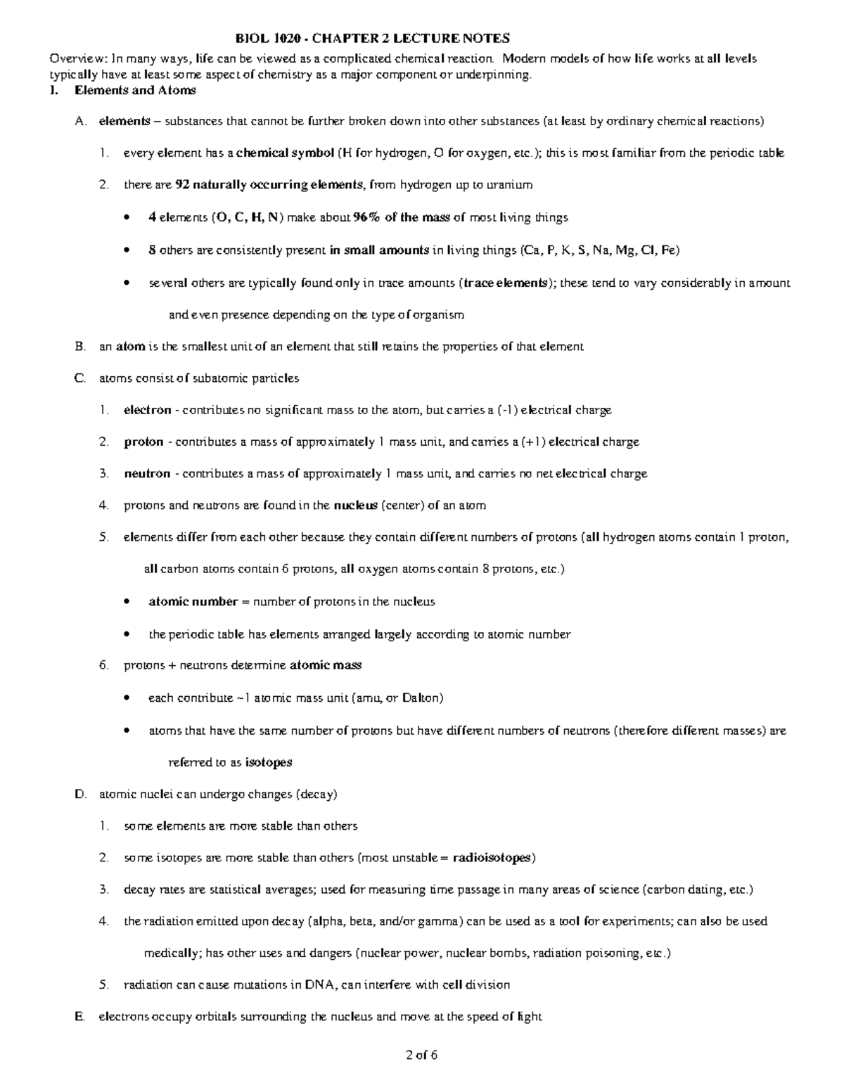 Chapter 2: chemistry - Overview: In many ways, life can be viewed as a ...