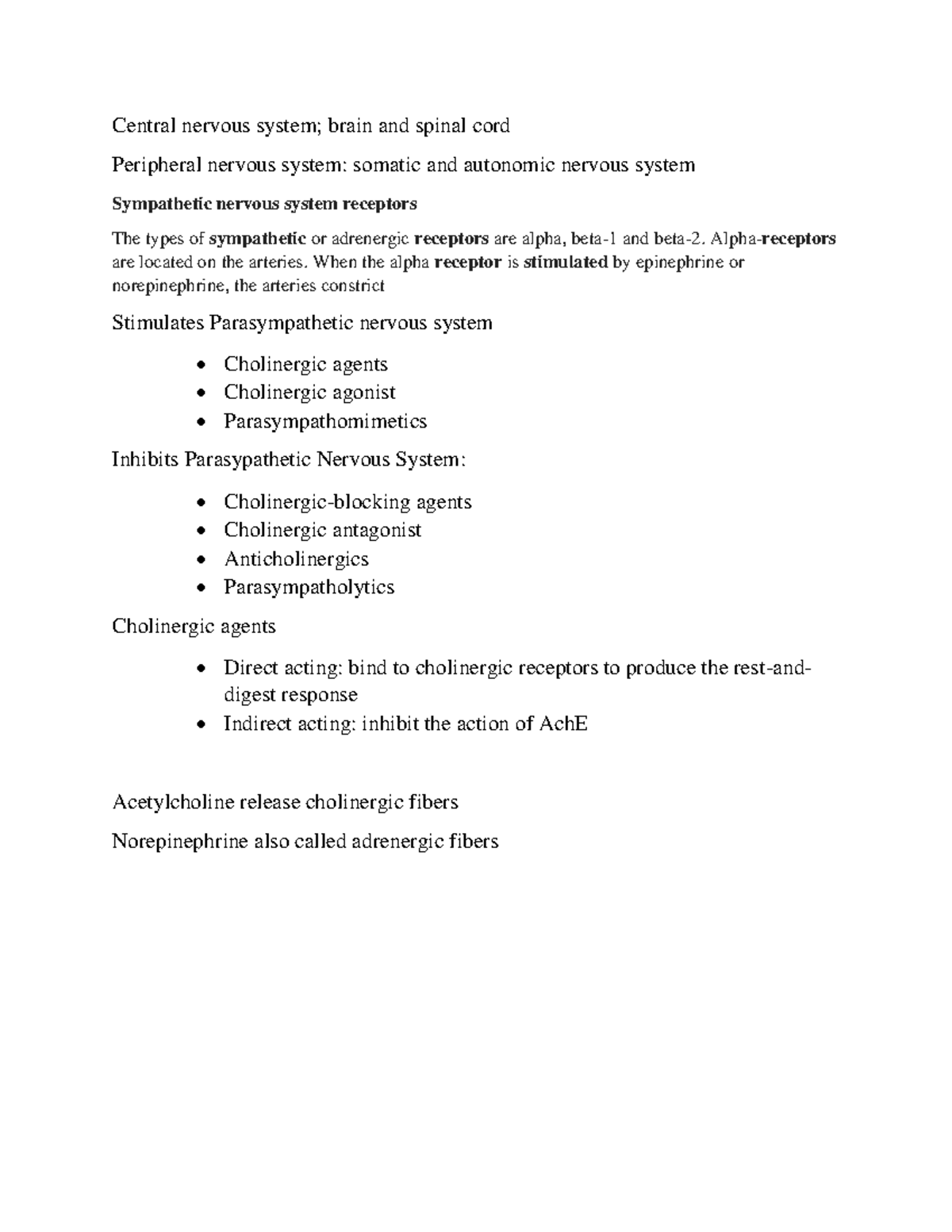 ANS review - Notes for the following course - Central nervous system ...