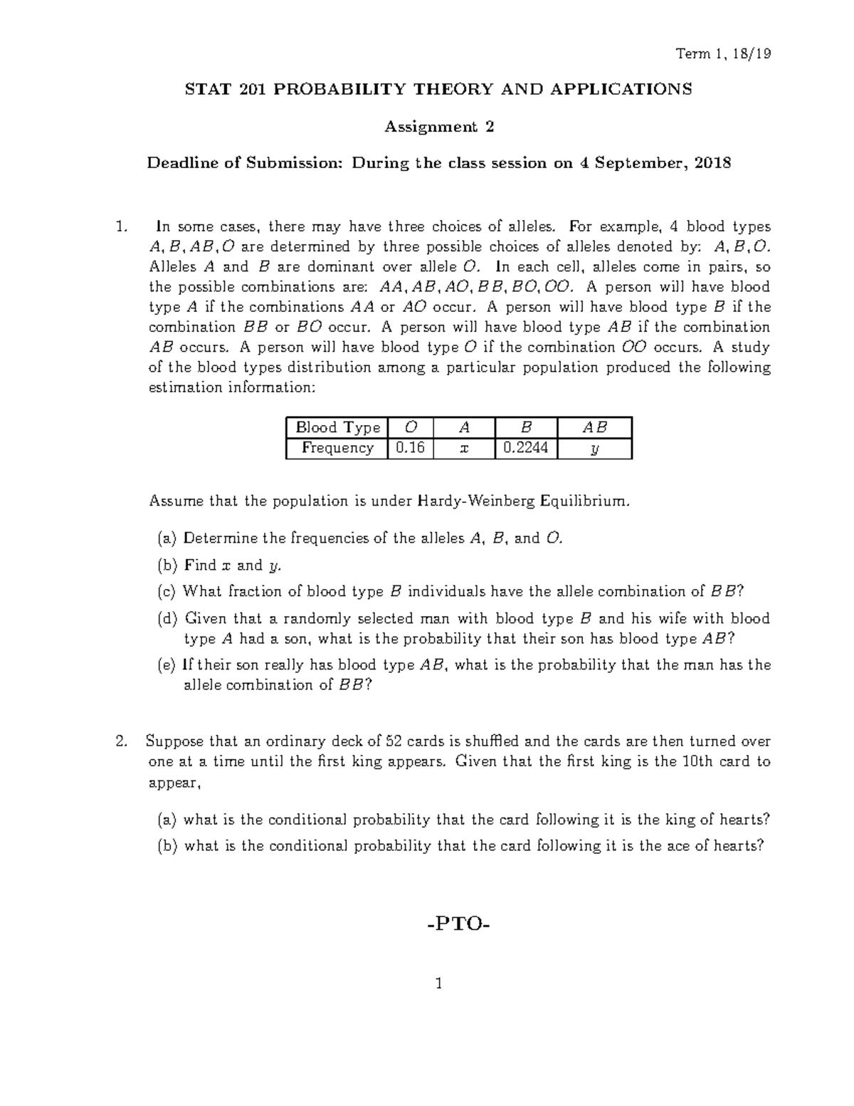 Assignment 2 - Question - Term 1, 18/ STAT 201 PROBABILITY THEORY AND ...