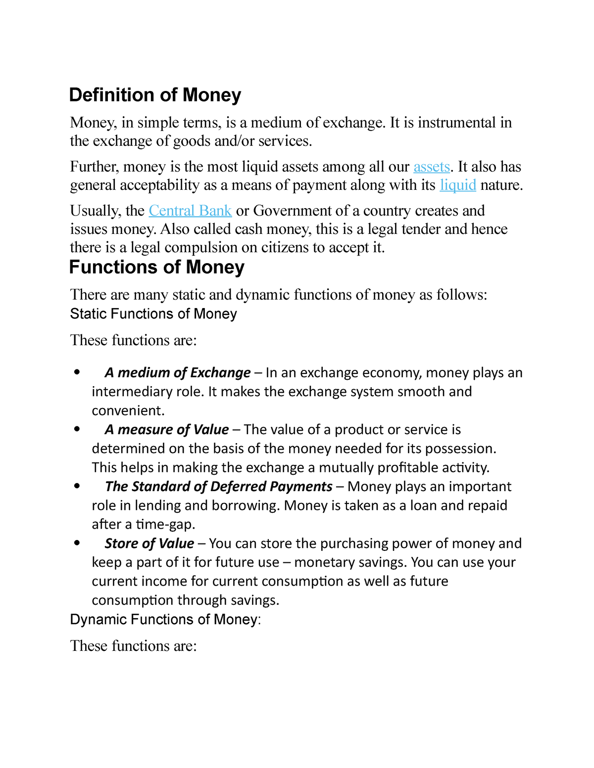 money definition essay