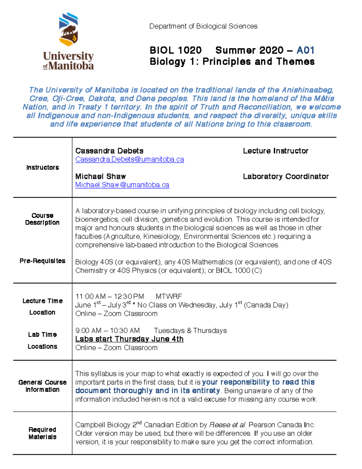 BIOL 1020 S20 Syllabus - Sylaabsus And Leaning Outcomes - Department Of ...