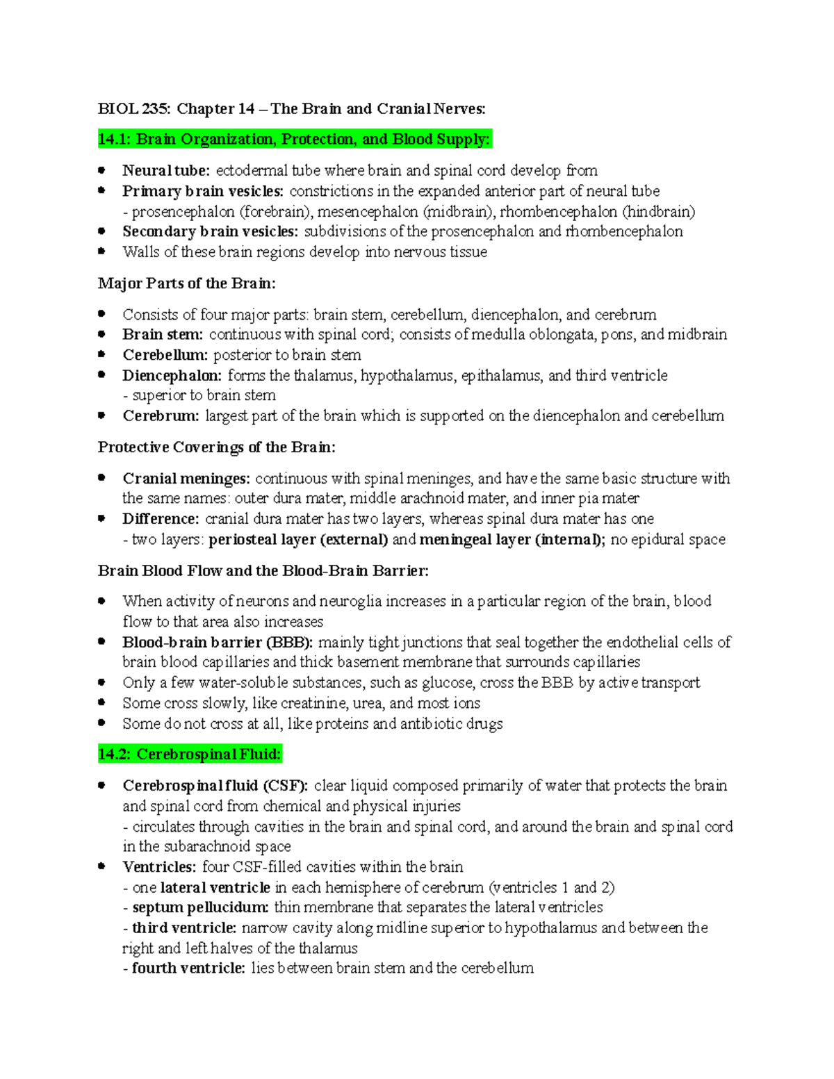 Chapter 14 - The Brain and Cranial Nerves - BIOL 235: Chapter 14 – The ...