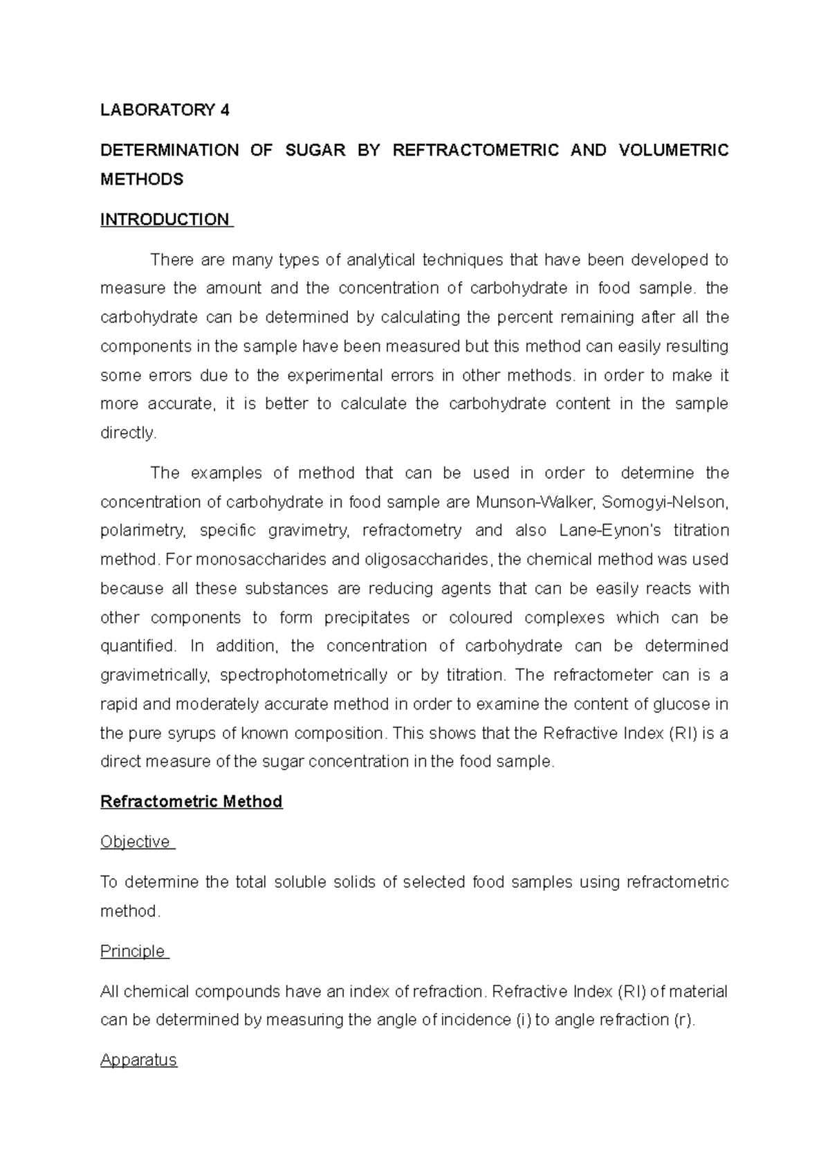 Experiment 4 Determination OF Sugar BY Reftractometric AND Volumetric Methods LABORATORY 4