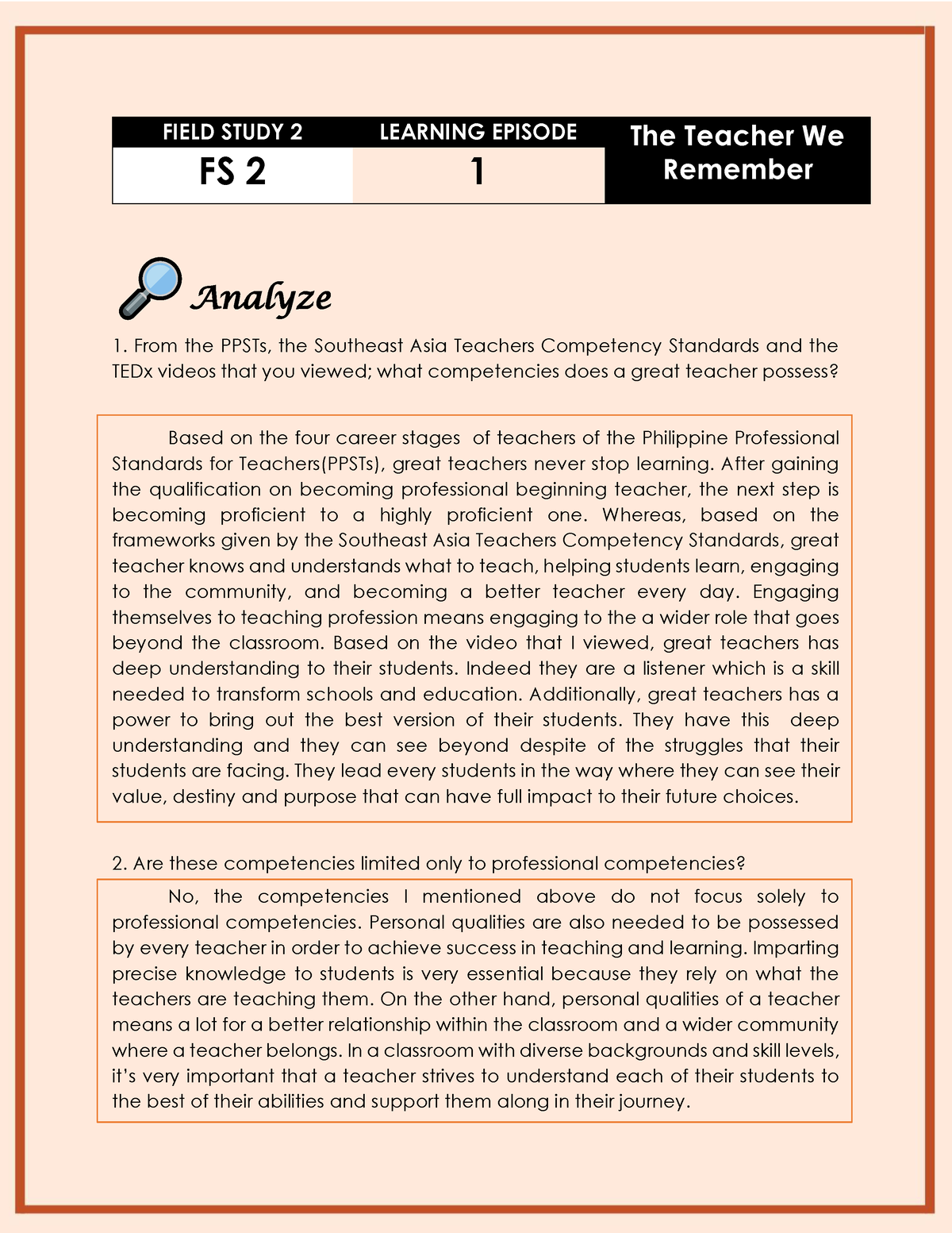 LECTURE NOTES FOR EDUC - Analyze From the PPSTs, the Southeast Asia