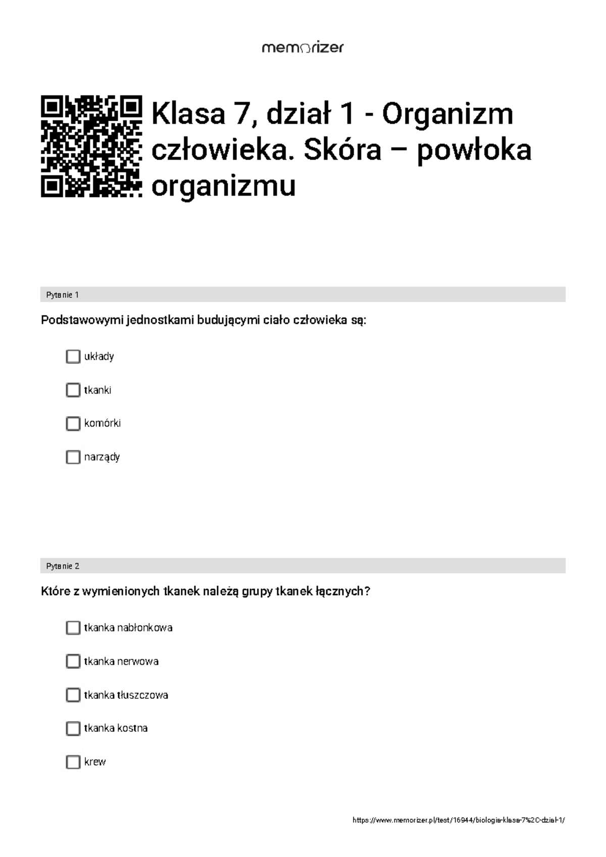 Sprawdzian Gimnazjum 2 Skora Powłoka Organizmu www.studocu.com