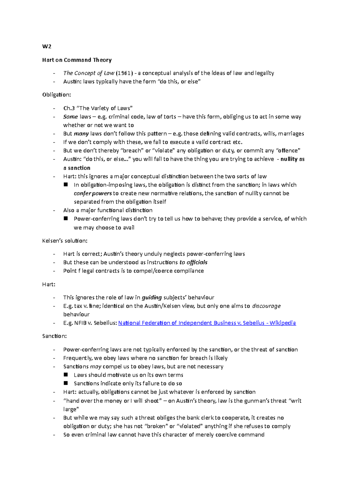 H.L.A Hart The Concept of Law seminar notes - W Hart on Command Theory ...