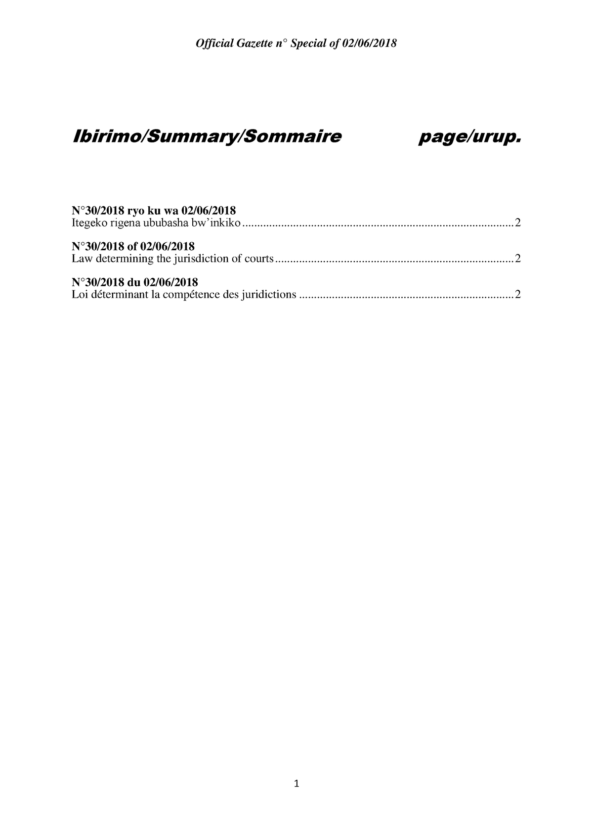 Jurisdiction Of Courts - Ibirimo/Summary/Sommaire Page/urup. N°30/2018 ...