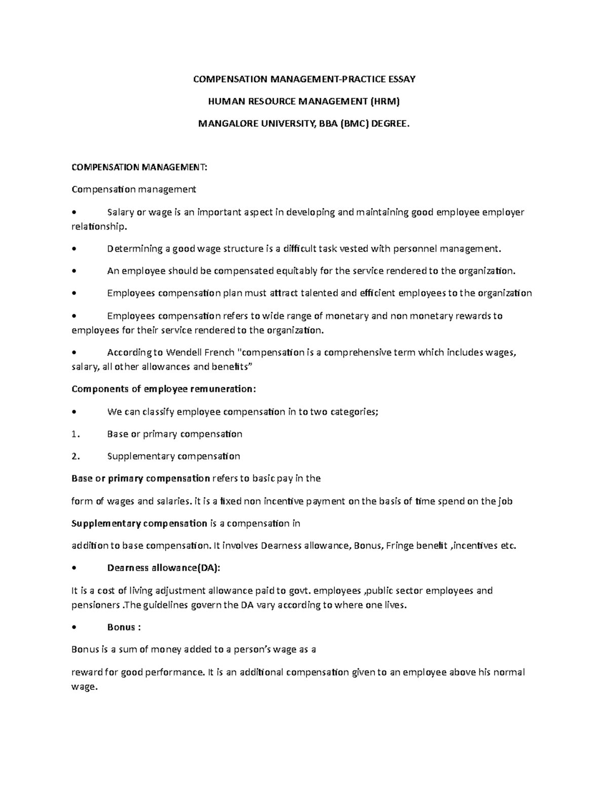 Compensation management - COMPENSATION MANAGEMENT-PRACTICE ESSAY HUMAN ...