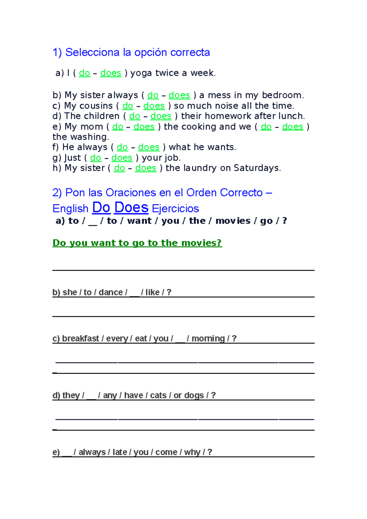 1 Ejercicios Con Loa Auxiliaree Do Does 1 Selecciona La Opción