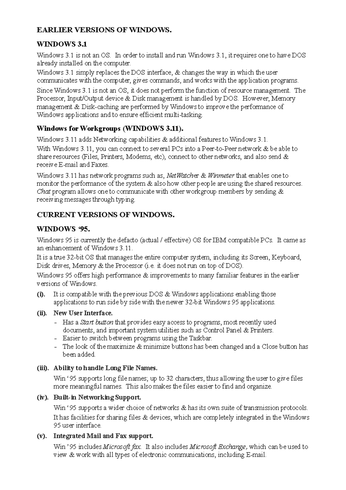 F1 COMP Notes - Computer literacy - EARLIER VERSIONS OF WINDOWS ...