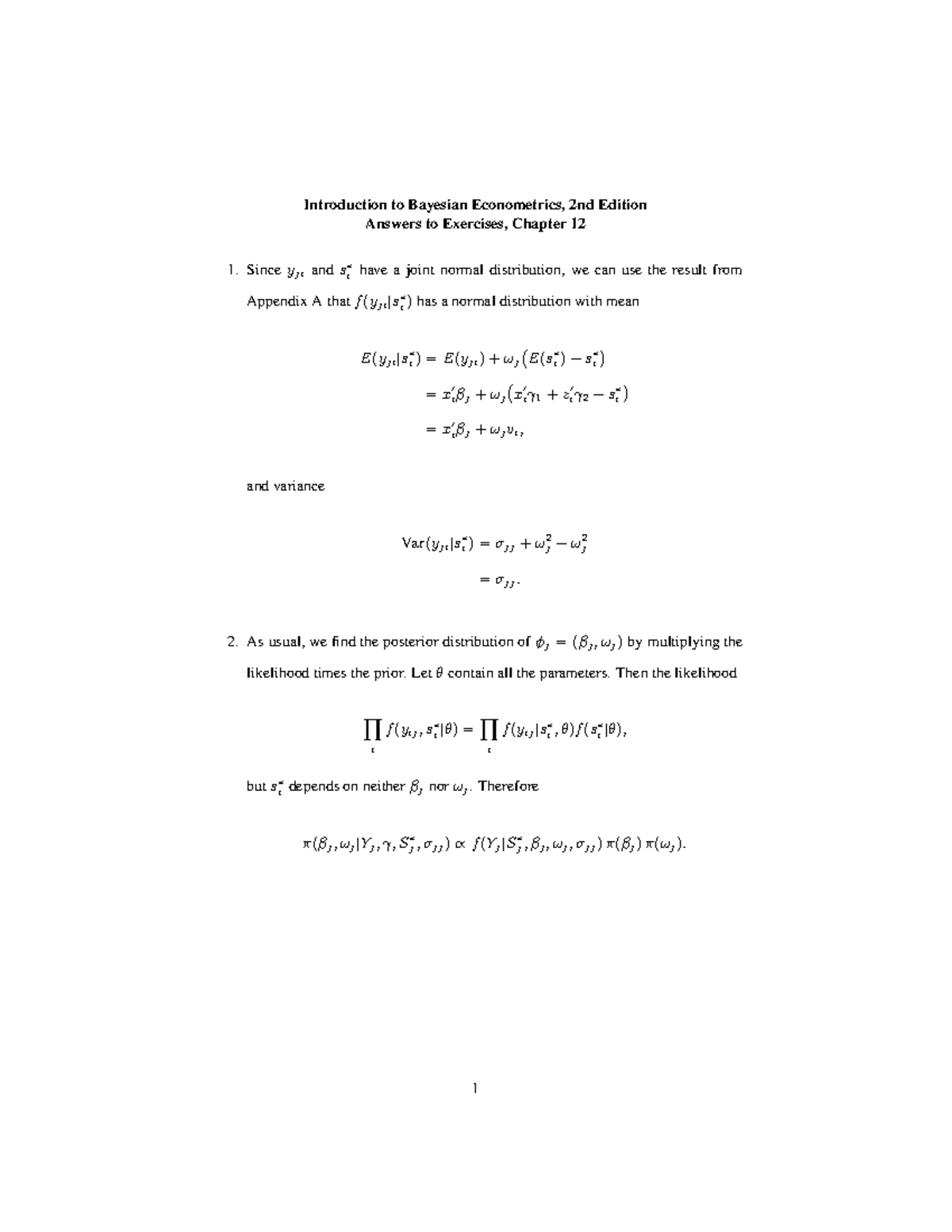 12Answers - Introduction To Bayesian Econometrics, 2nd Edition Answers ...