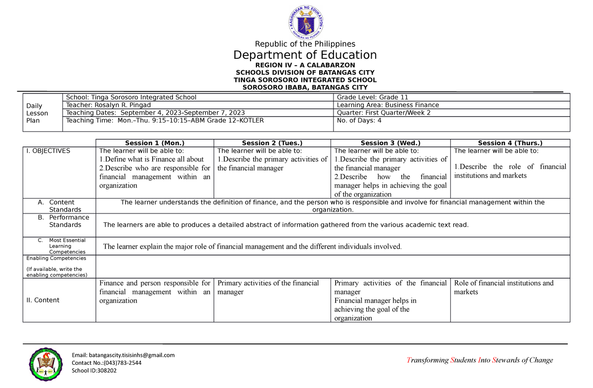 DLL Business Finance W2 - Daily Lesson Plan School: Tinga Sorosoro ...